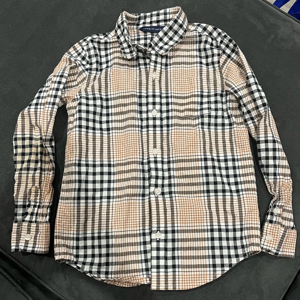 Janie and Jack Tan and Black Plaid Button Down Shirt